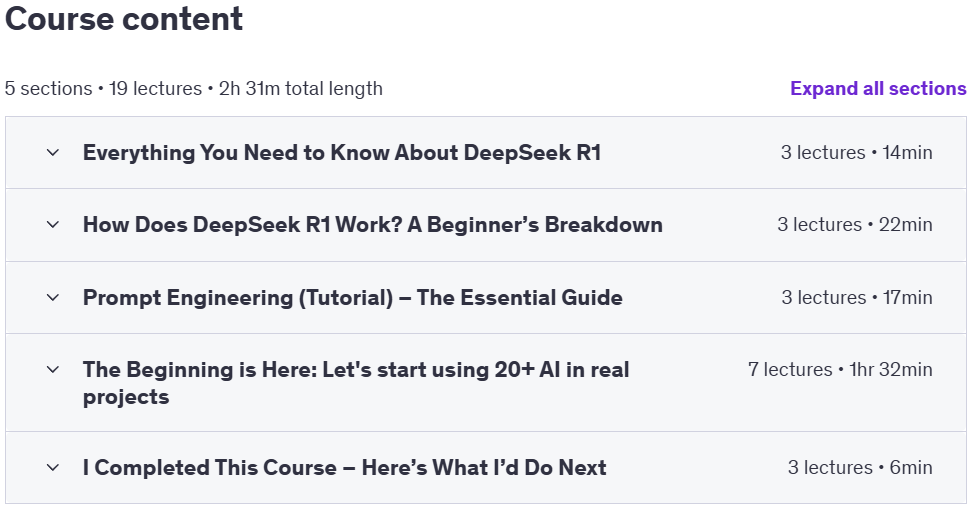 Course topics · Udemy — DeepSeek R1 & ChatGPT: How to Supercharge AI with 20+ Tools 2025-2
