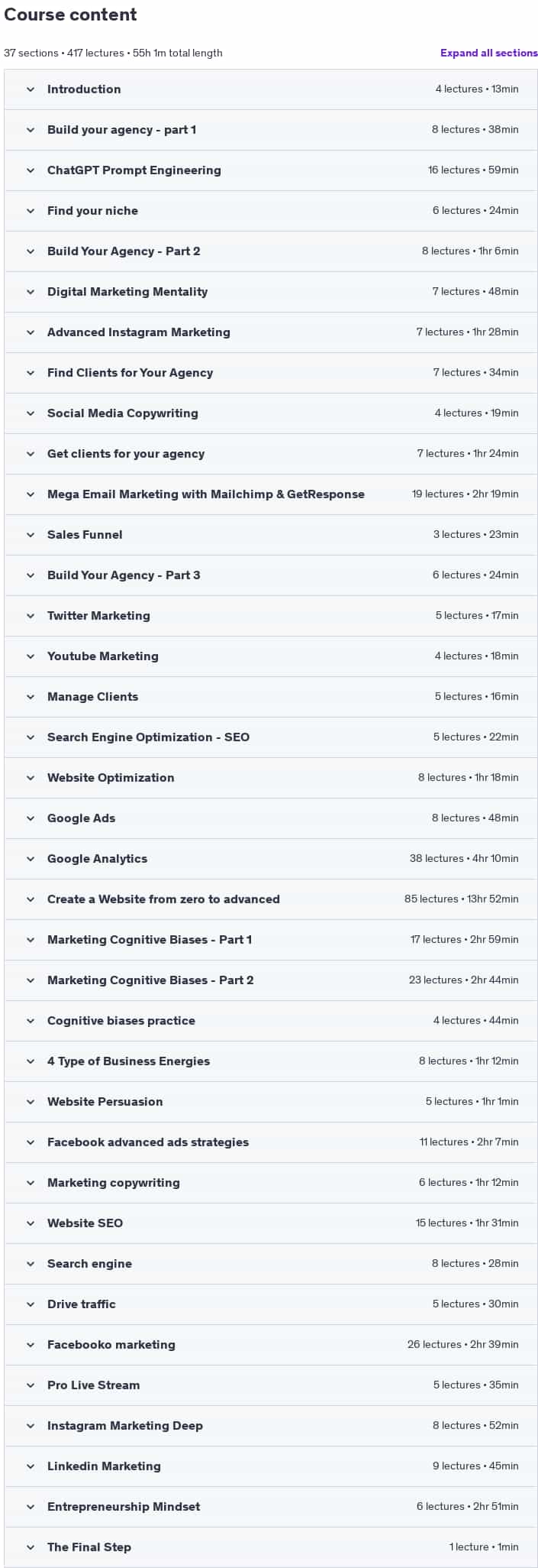 Course topics · Udemy — Social Media Marketing Agency : Digital Marketing + Business 2025-2