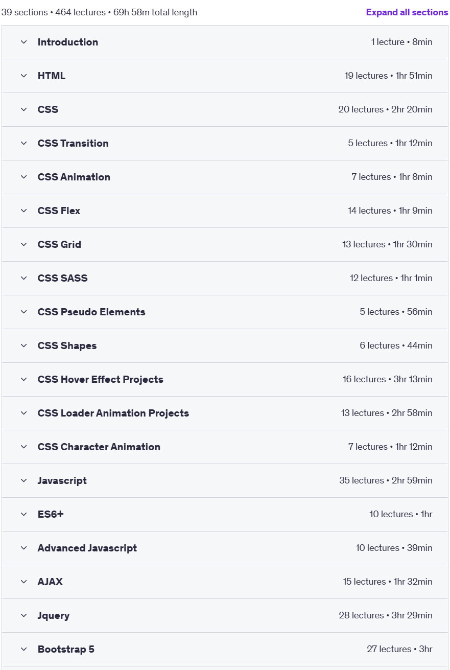 Course topics · Zero to Hero: The Ultimate 70+ Hour Front-End Web Dev Course 2024-1