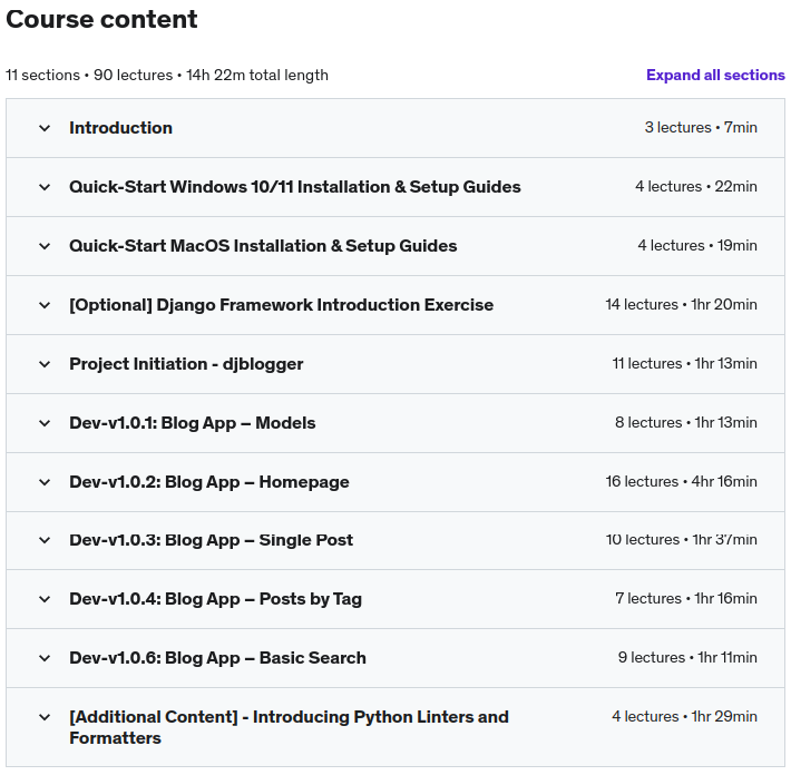 Course topics · Udemy — Django Project: djblogger 2022-12
