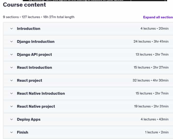 Course topics · React & Django Full Stack: web app, backend API, mobile apps 2025-2