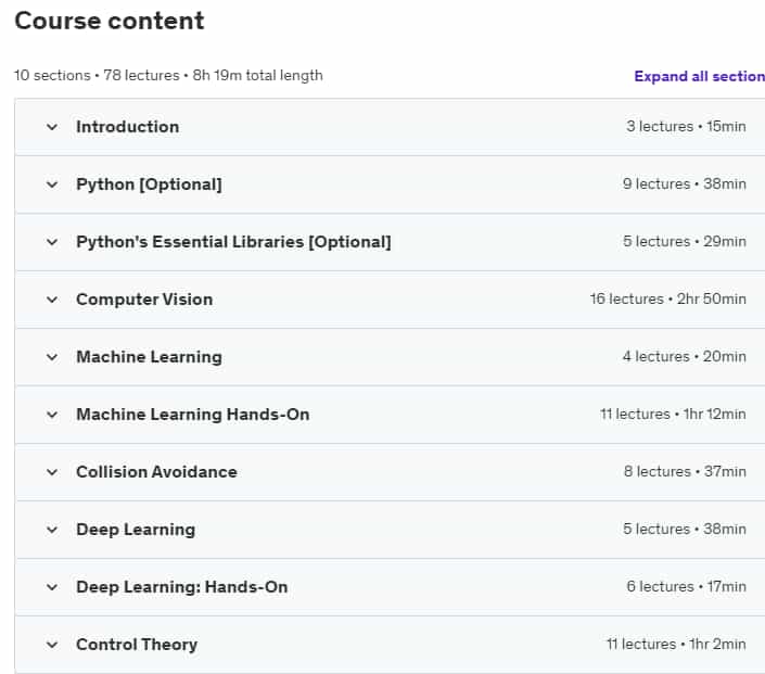 Course topics · Machine Learning & Self-Driving Cars: Bootcamp with Python 2023-8