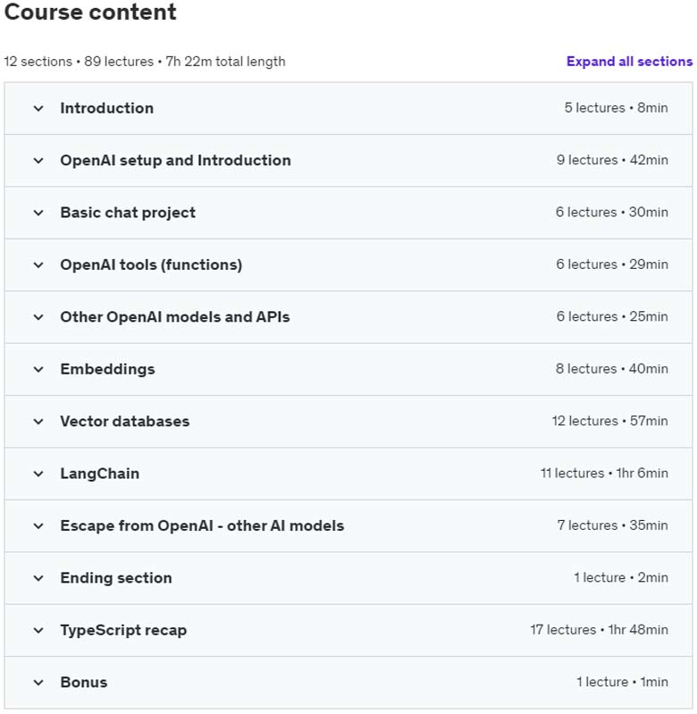 Course topics · Udemy — Generative AI for NodeJs: OpenAI, LangChain – TypeScript 2024-7