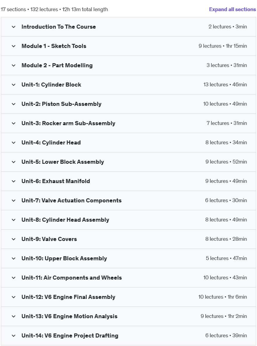 Course topics · Design V6 Engine : SolidWorks Real World Project Masterclass 2024-4