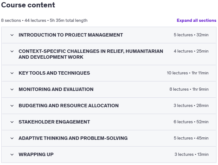 Course topics · Udemy — HUMANITARIAN AND DEVELOPMENT PROJECT MANAGEMENT 2025-1