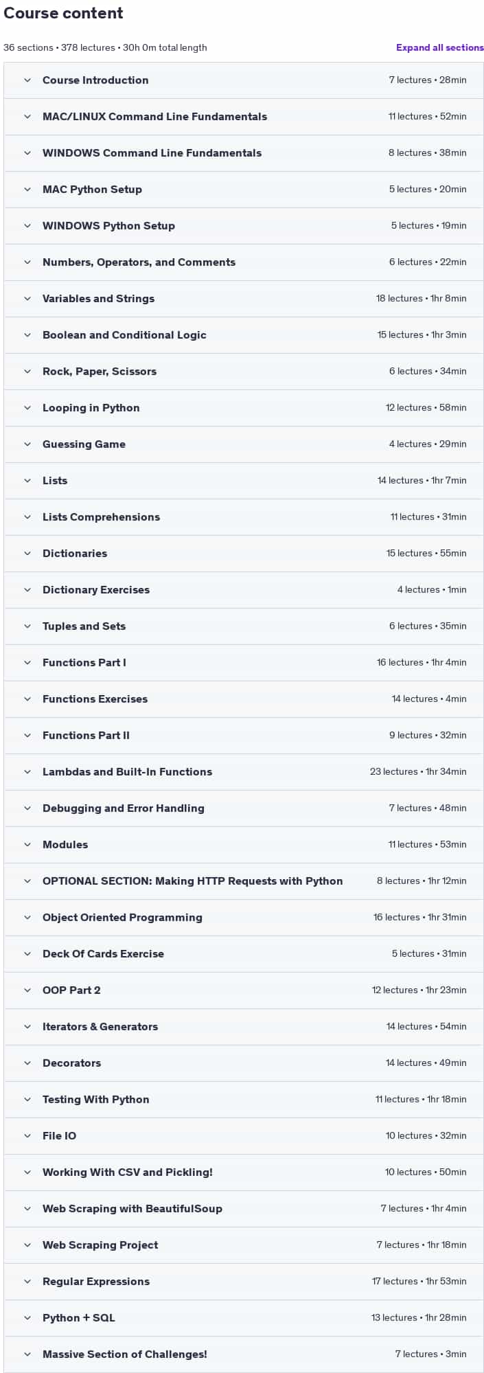 Course topics · The Modern Python 3 Bootcamp 2025-6