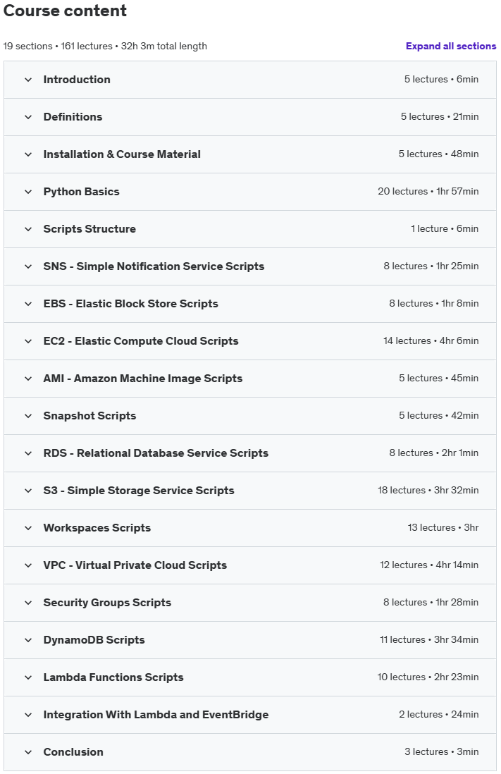 Course topics · 100+ AWS Python Boto3 Scripts 2024-11
