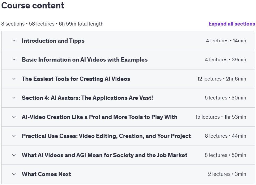 Course topics · Udemy — AI-Videos: Be a Filmmaker with Artificial Intelligence 2024-12