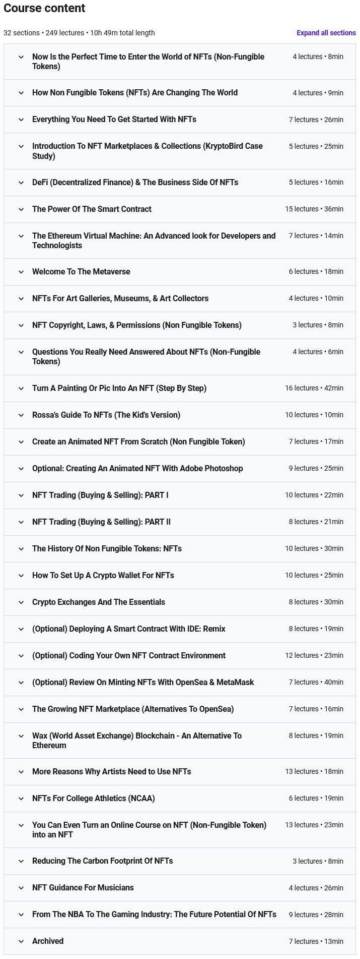 Course topics · Udemy — The Complete NFT (Non-Fungible Tokens) Course: Art and Tech 2021-6