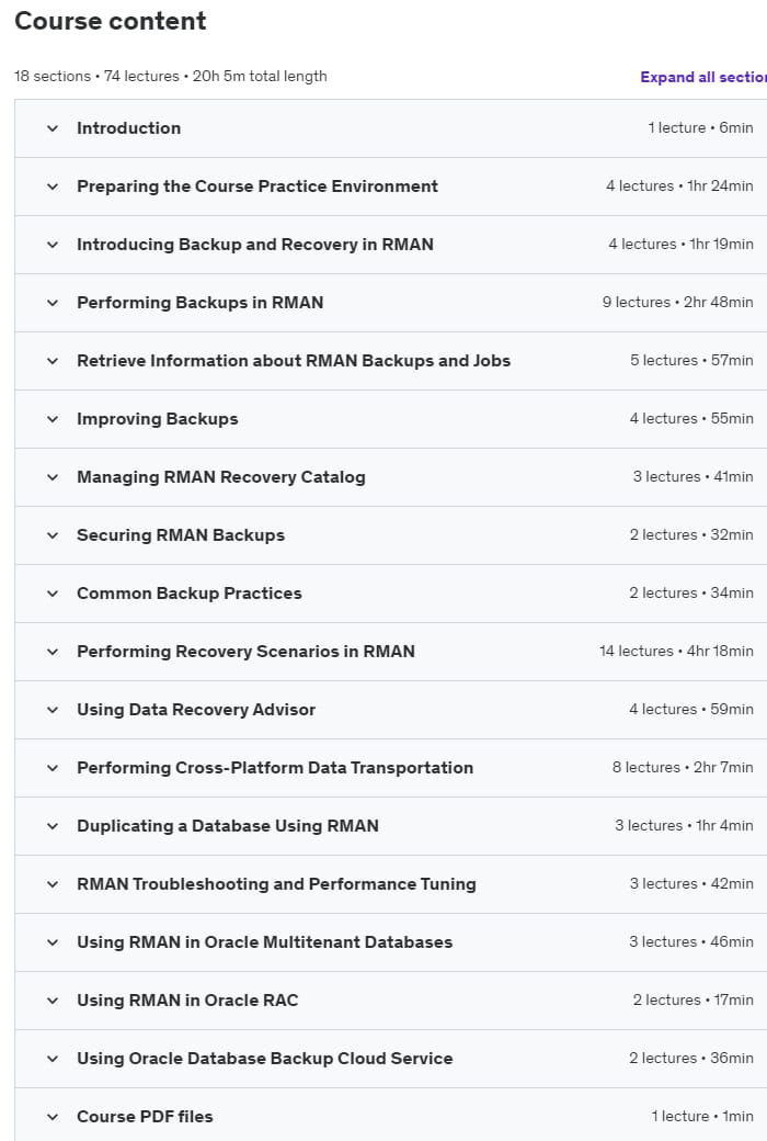 Course topics · Oracle Database 12c Backup and Recovery using RMAN 2020-9