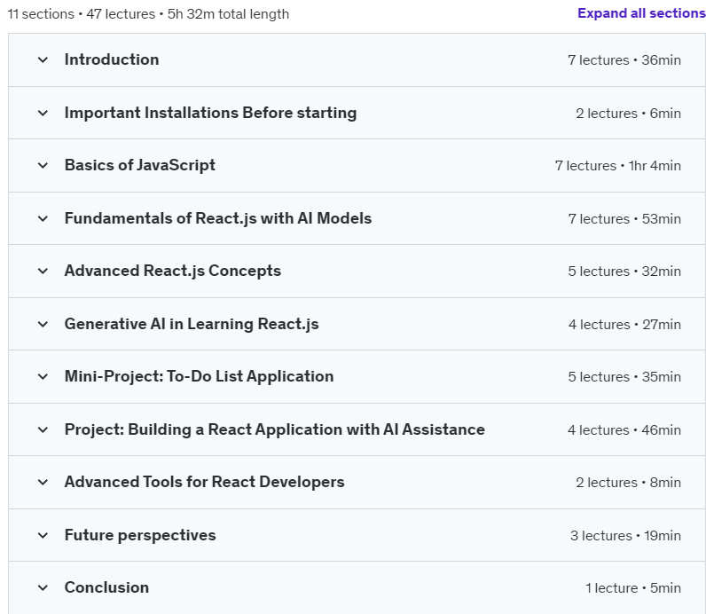 Course topics · Udemy — Master React.js with AI: From Basics to Advanced Development 2024-8