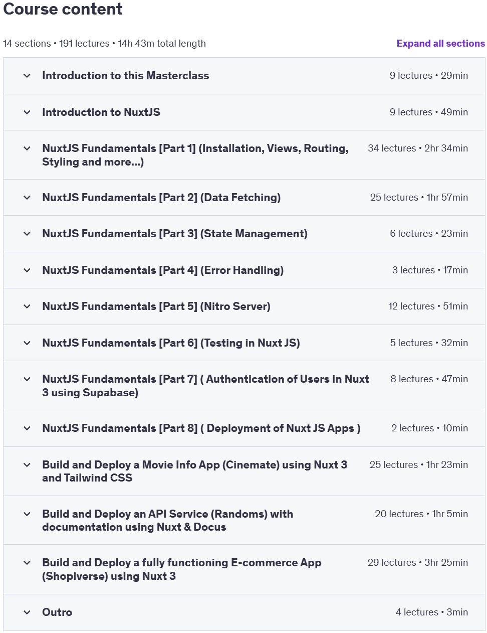 Course topics · The Complete NUXT 3 Bootcamp: Full-Stack Guide 2025-1