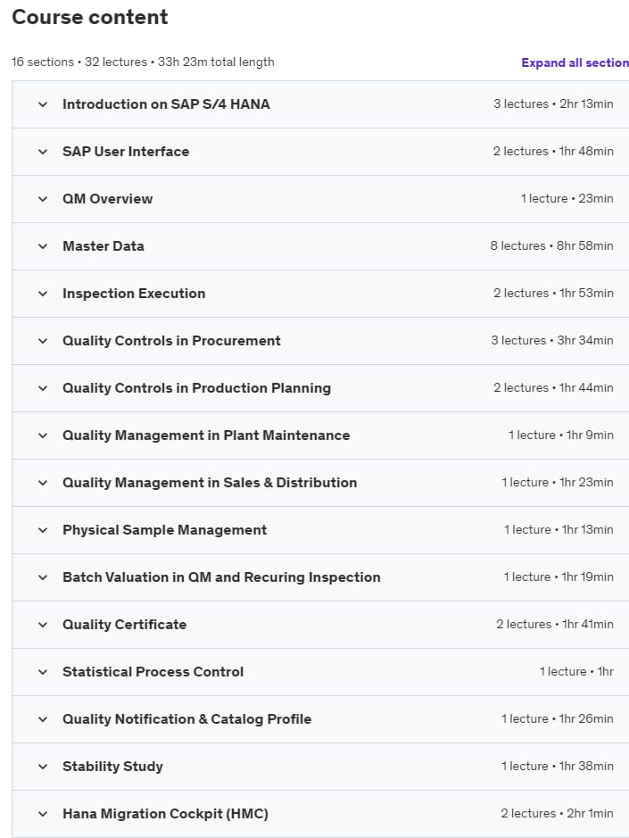 Course topics · Udemy — SAP S/4 HANA Quality Management (QM) Module Online Course 2024-3