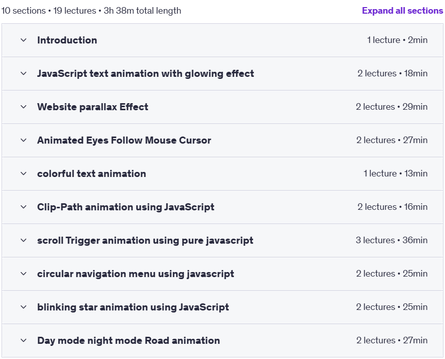 Course topics · JavaScript Animation: Projects Without Libraries 2025-5