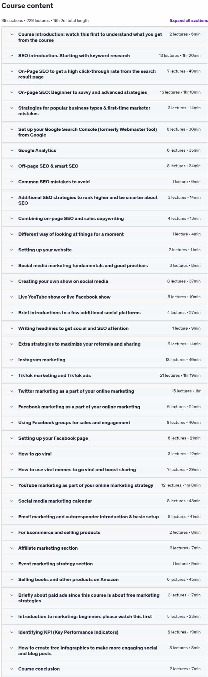 Course topics · Udemy — Online Marketing Strategy 2025: SEO & Social Media Marketing 2025-7
