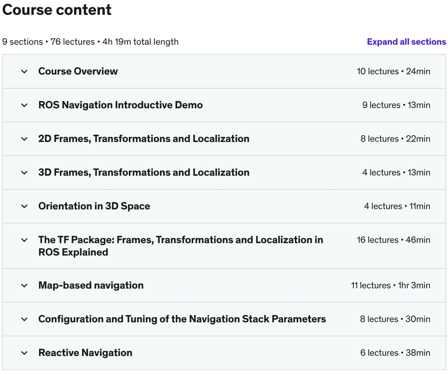 Course topics · Udemy — ROS for Beginners II: Localization, Navigation and SLAM 2020-11