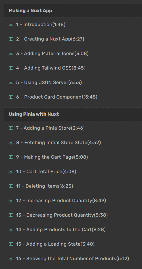 Course topics · Net Ninja — Nuxt 3 With Pinia 2024-8