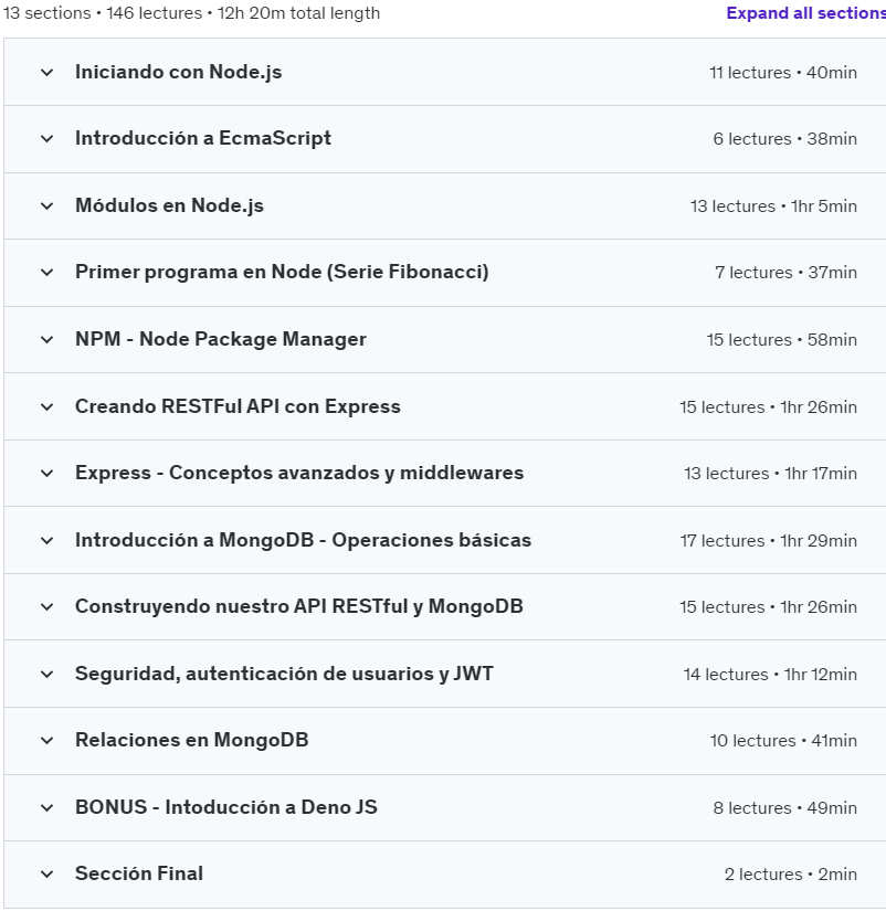 Course topics · Node.js – Creando API con Express y MongoDB (Incl. Deno) 2024-5