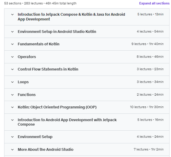 Course topics · Jetpack Compose & Kotlin & Java for Android App Development 2023-11