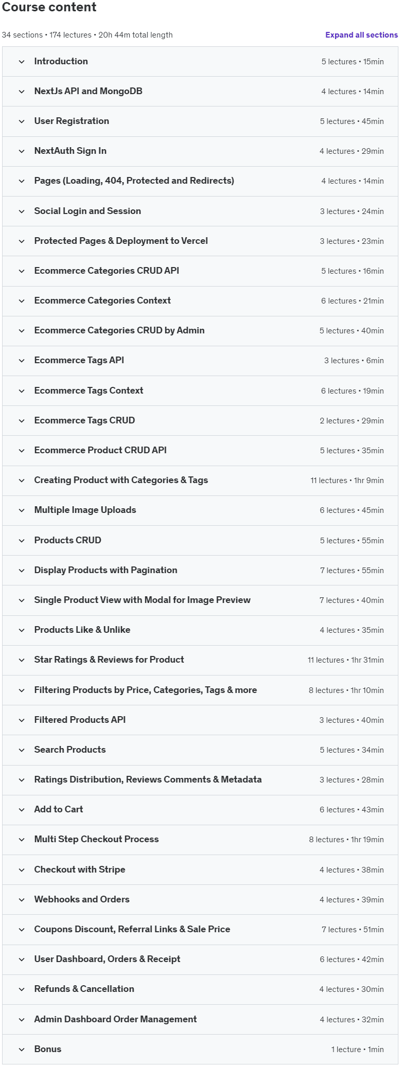 Course topics · Udemy — Next.js React Ultimate Ecommerce Development 2024-2