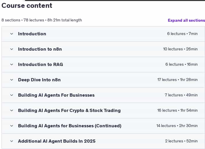 Course topics · Udemy — The Complete AI Agents & AI Automation Course (2025) – n8n 2025-7