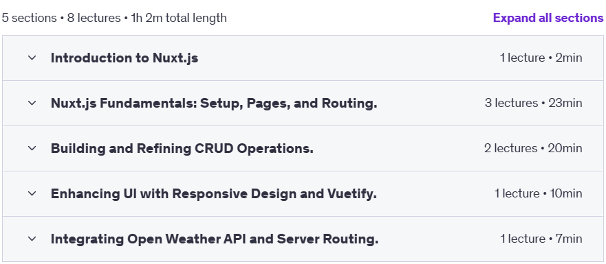 Course topics · Udemy — Mastering Nuxt: Build a Full-Stack CRUD App with Server-Side 2024-2