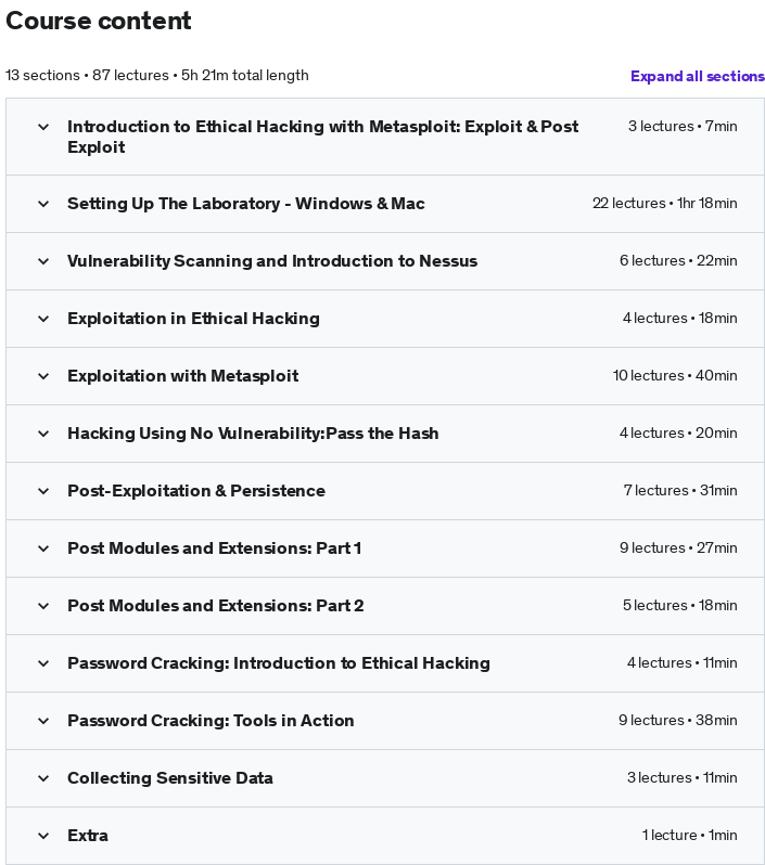 Course topics · Ethical Hacking with Metasploit: Exploit & Post Exploit 2022-1