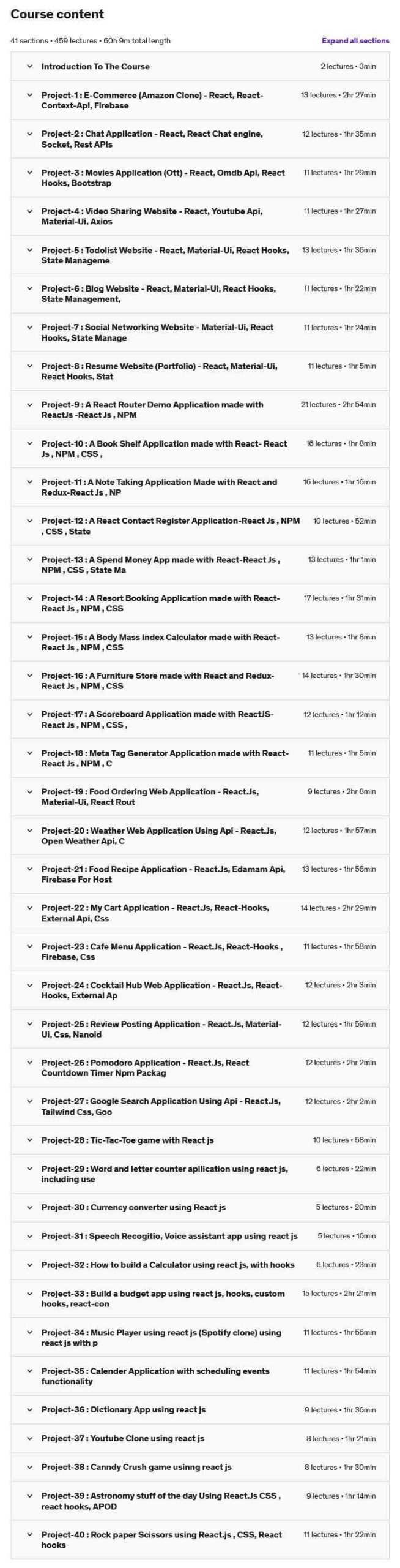 Course topics · React Development Bootcamp: Build 40 End-To-End Projects 2022-3