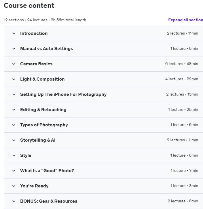 Course topics · Udemy — Ultimate Photography Course (Using iPhone) 2024-1
