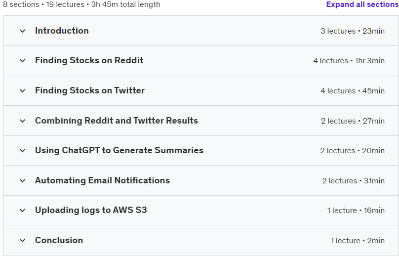 Course topics · Udemy — Trending Stocks with Python, Reddit, Twitter, and ChatGPT 2023-7