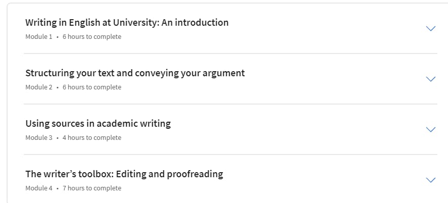 Course topics · Coursera — Writing in English at University 2023-12