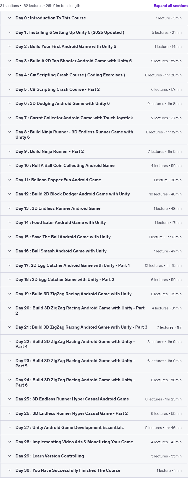 Course topics · Udemy — Master Unity Android Game Development in 30 Days : 15+ Games 2025-1