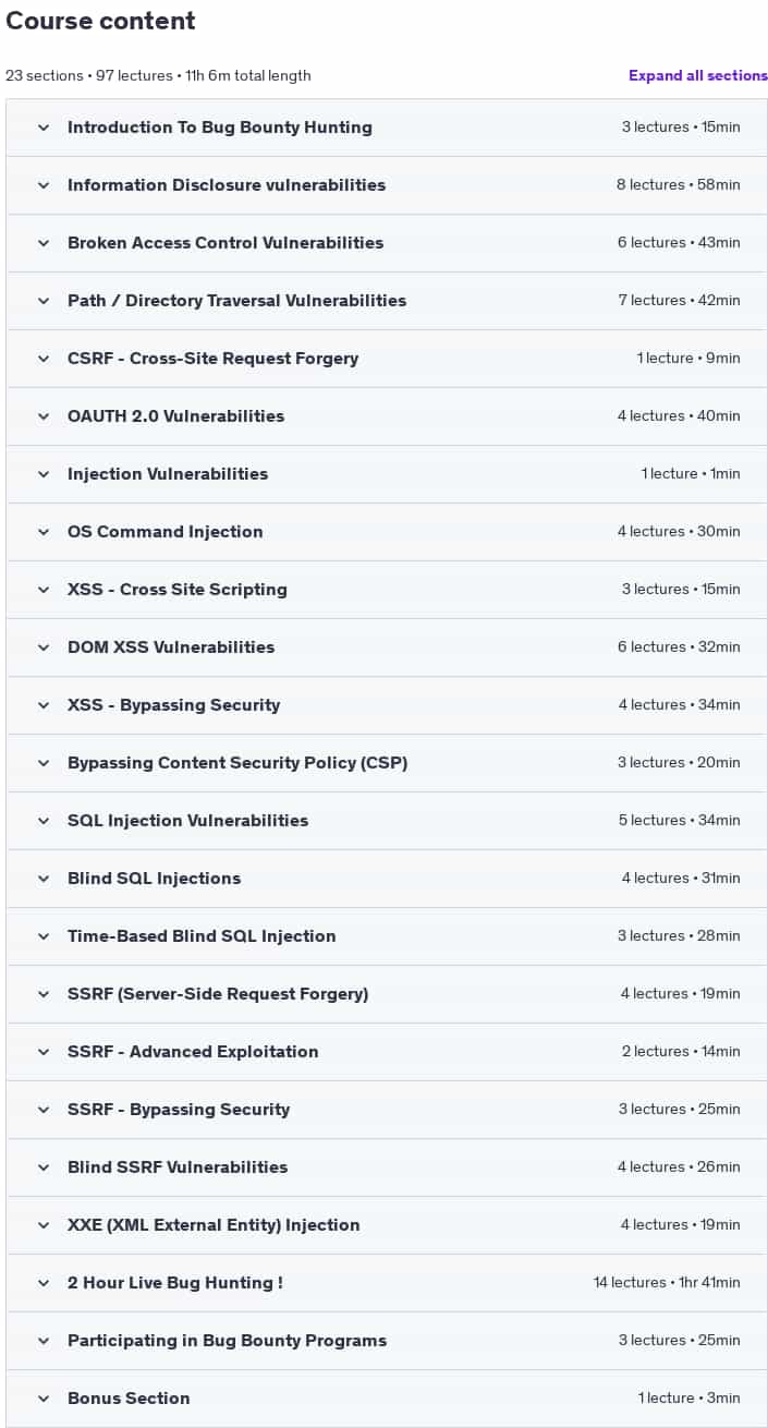 Course topics · Udemy — Learn Bug Bounty Hunting & Web Security Testing From Scratch 2025-1