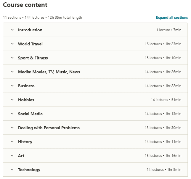 Course topics · Udemy — English Language Intermediate Masterclass: 10 Courses in 1! 2020-10