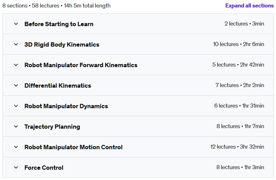 Course topics · Udemy — Getting into the Robotics with Robotic Manipulators 2021-11