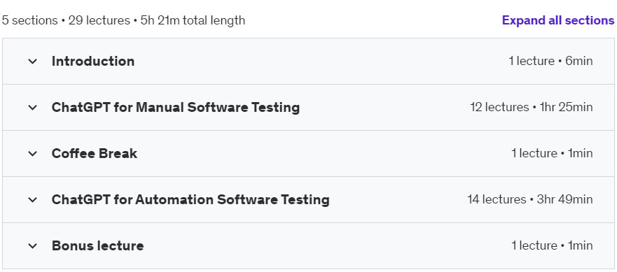 Course topics · Udemy — Manual and Automation Software Testing with help of ChatGPT 2024-7