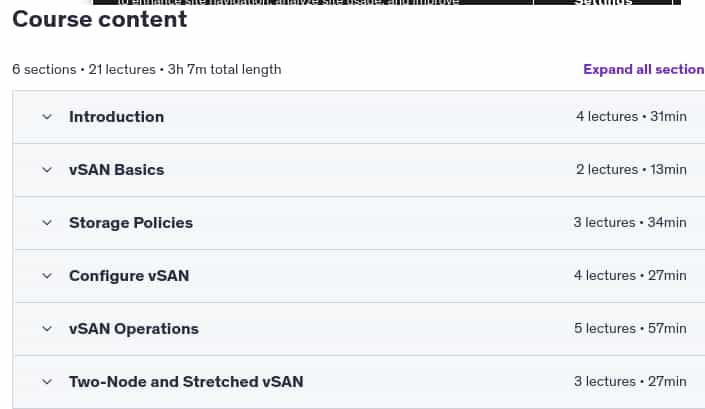 Course topics · Udemy — Clear and Simple VMware vSAN 6.7 (Virtual SAN) 2023-9