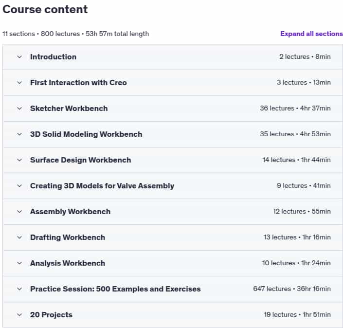 Course topics · Udemy — CREO Mastery : 500 Examples | 20 Project | 300 Q&A | 10 Test 2025-3