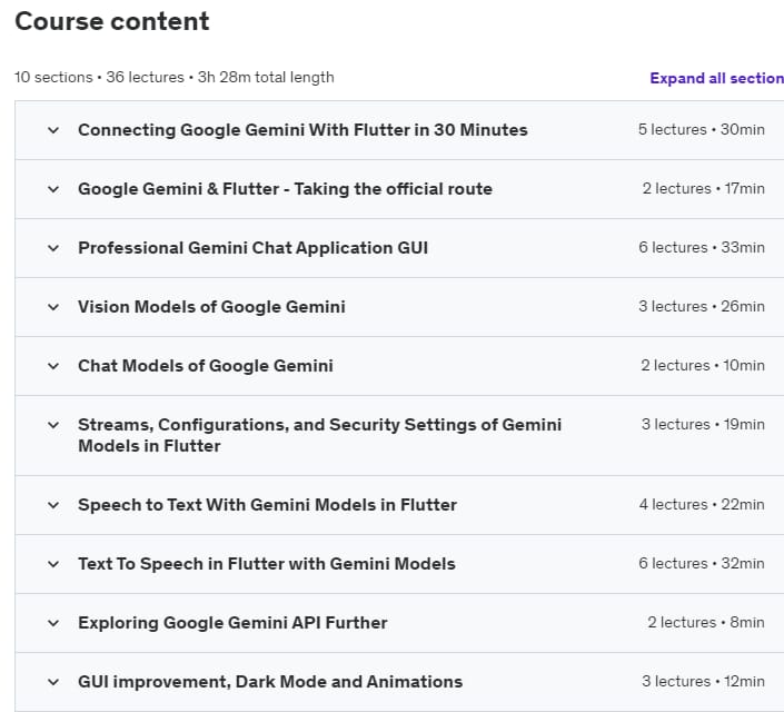 Course topics · Udemy — Flutter & Google Gemini – Build AI Powered Flutter Apps 2024-6
