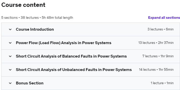 Course topics · Udemy — Power Engineering: Power System Analysis – Part 3 2023-4