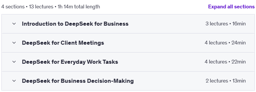 Course topics · Udemy — DeepSeek for Business 2025-3