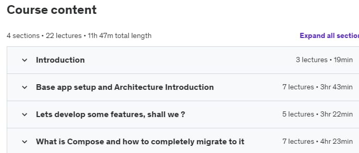 Course topics · Udemy — Android Developer = Compose + MVVM + Clean Architecture 2023-09
