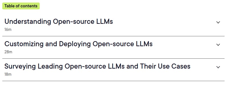 Course topics · Pluralsight — Introduction to Open-source LLMs 2025-10