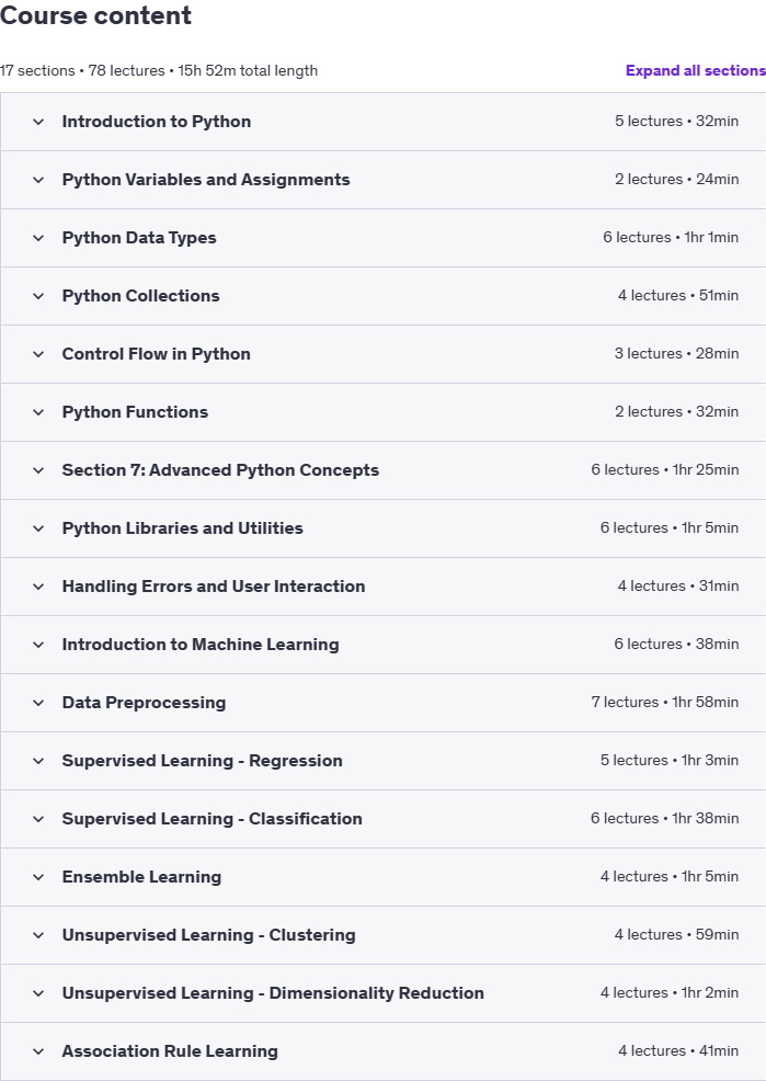 Course topics · Udemy — Complete Python and Machine Learning Bootcamp: Zero to Hero 2025-1