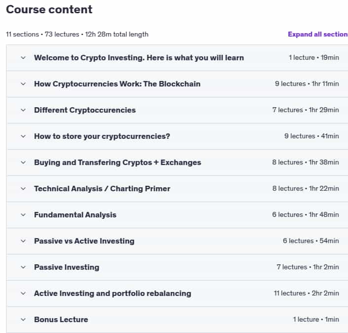 Course topics · The Complete Cryptocurrency Investment Course 2024-11