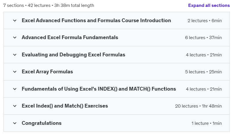 Course topics · Udemy — Microsoft Excel Advanced Functions with INDEX and MATCH 2018-6