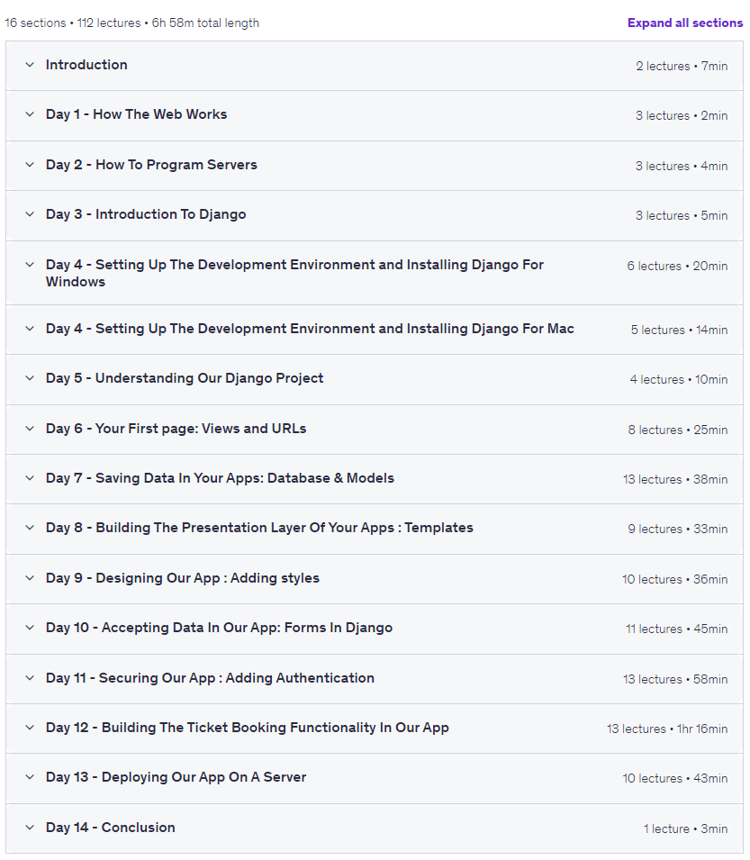 Course topics · Python & Django: Build & Deploy A Ticketing App In 14 Days 2026-8