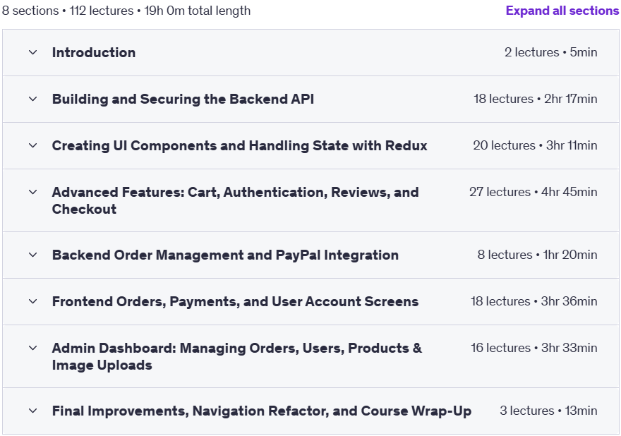 Course topics · Udemy — Full Stack Ecommerce Mobile App: React Native & Node.js 2025 2025-7