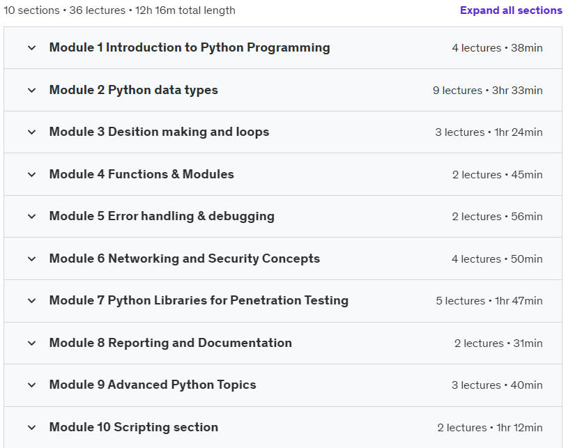 Course topics · Vk9 Security – Learn Python Hacking (from Zero to Hero) 2024-3