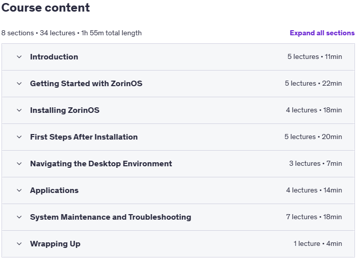 Course topics · Udemy — ZorinOS – The Linux alternative to Windows and macOS 2025-4